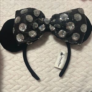 Disney Black Headband with Silver Sequin Polka Dot Bow
